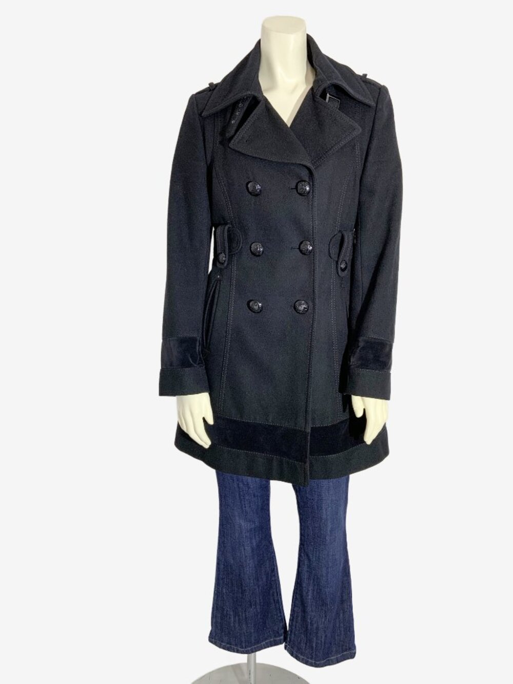 Vintage Y2K Miss Sixty Black Wool Blend Peacoat with Velvet Trim / size Small